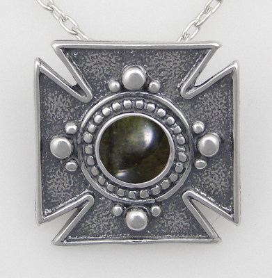 Sterling Silver Iron Cross Pendant Necklace With Spectrolite